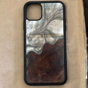 iPhone 11 Pro Max marble/wood resin phone case cover black lining handmade brown